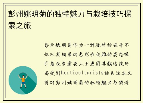 彭州姚明菊的独特魅力与栽培技巧探索之旅
